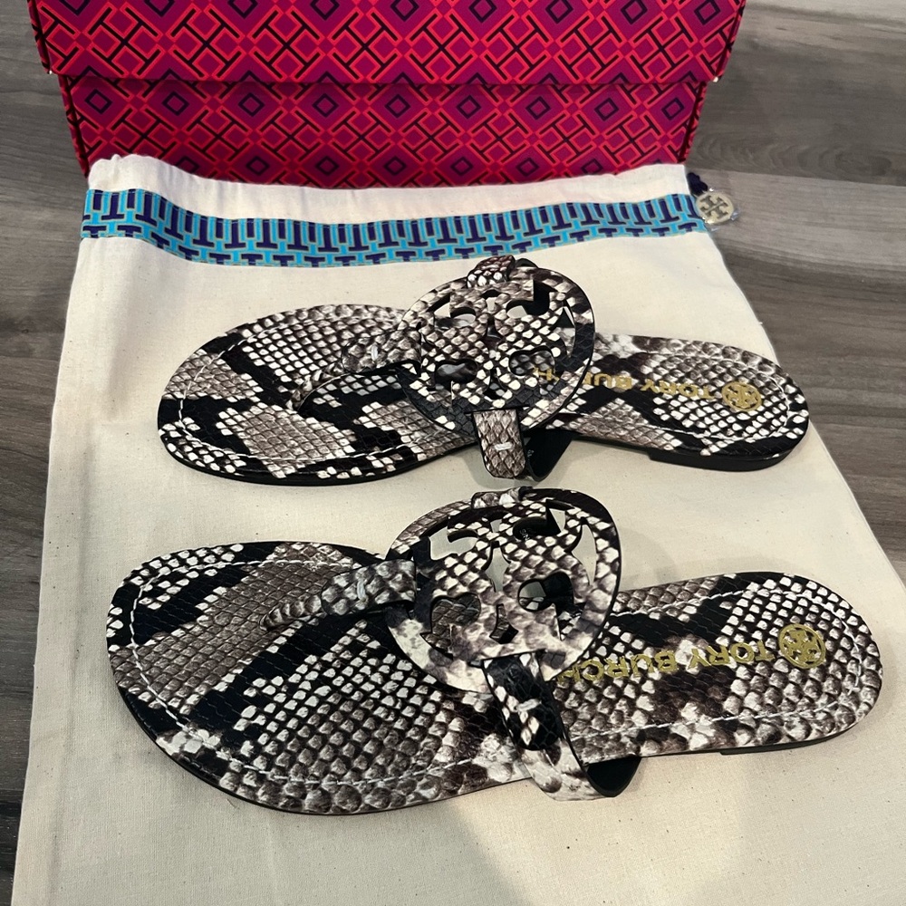 Tory Burch Black and White Snake Print Sandals